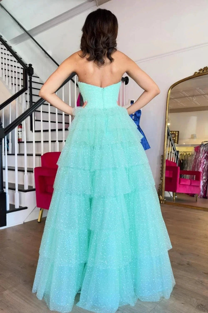 Brigitta | Aqua Blue Sweetheart Tulle Tiered A-Line Long Prom Dress with Slit by KissProm