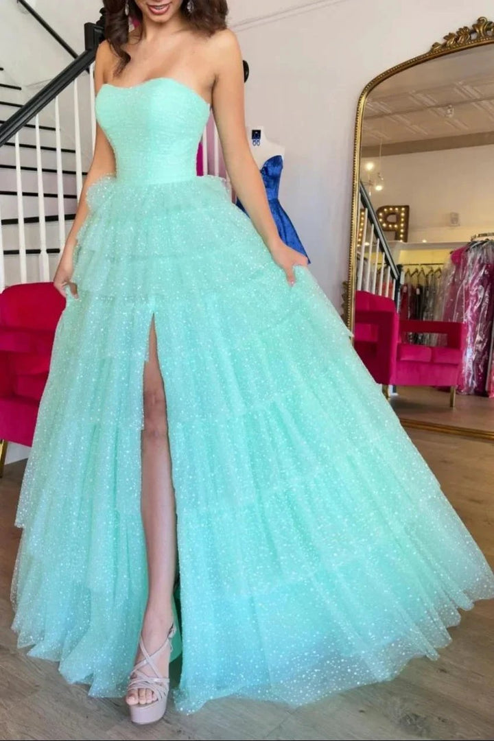 Brigitta | Aqua Blue Sweetheart Tulle Tiered A-Line Long Prom Dress with Slit by KissProm
