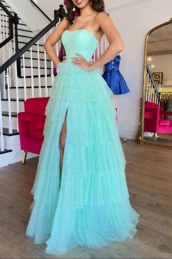 Brigitta | Aqua Blue Sweetheart Tulle Tiered A-Line Long Prom Dress with Slit by KissProm