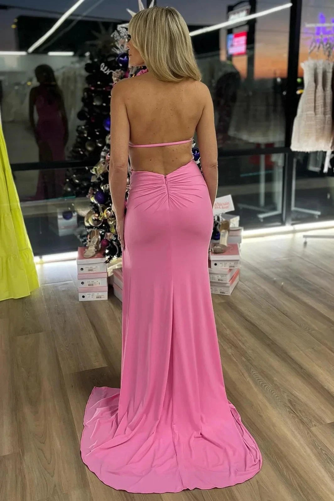 Bruce | Pink Halter Rosette Mermaid Long Formal Dress with Slit by KissProm