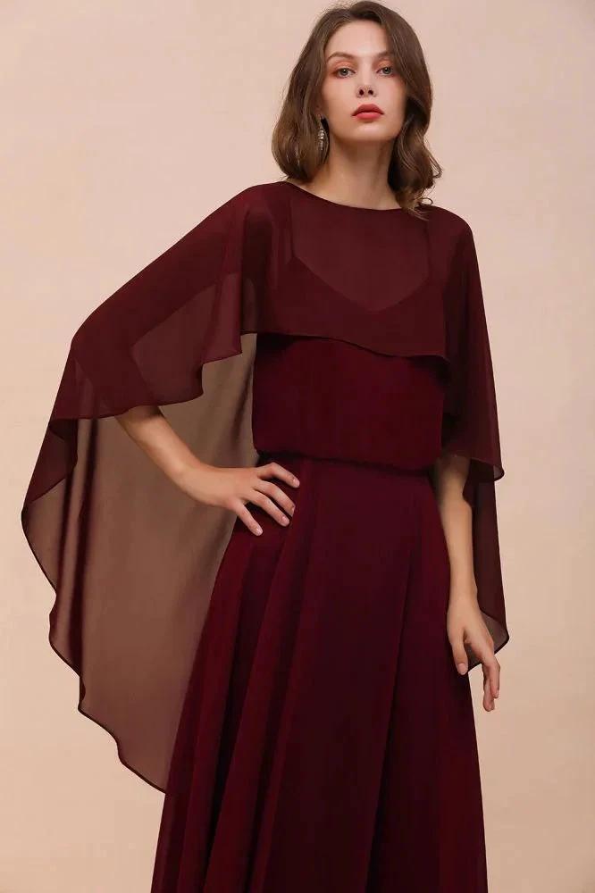 Burgundy Bridesmaid Dresses Spaghetti Straps Chiffon Floor Length Wedding Guest Dress with Back Cape Wraps by misshow.com