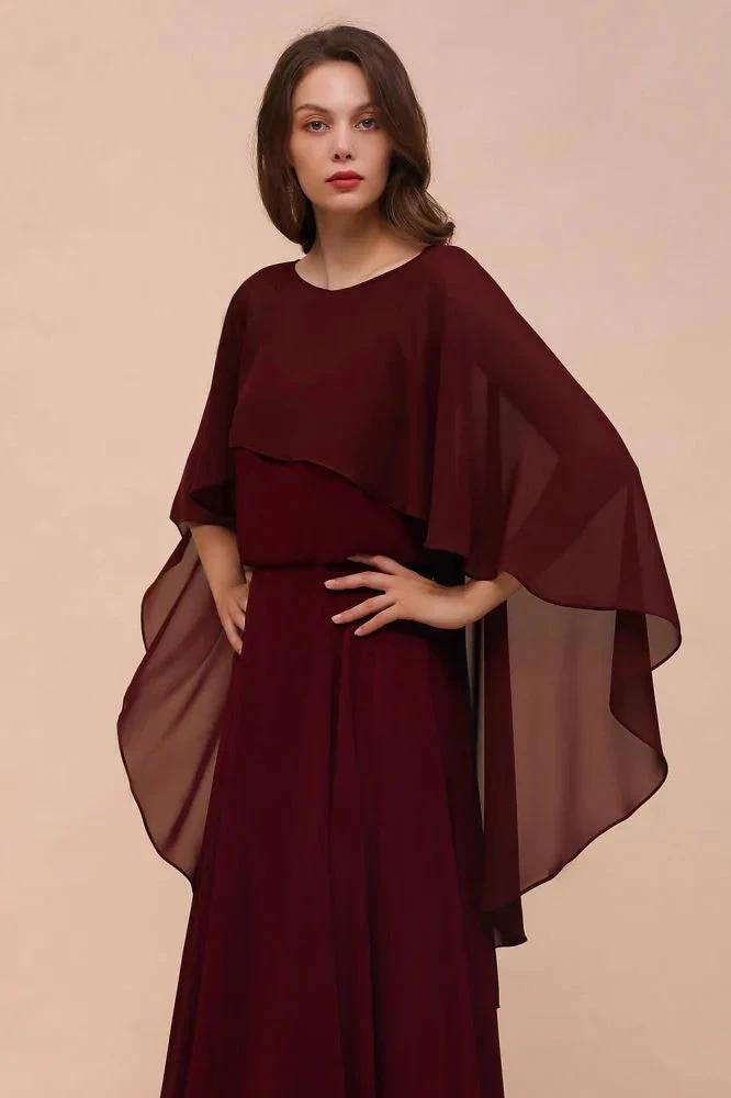 Burgundy Bridesmaid Dresses Spaghetti Straps Chiffon Floor Length Wedding Guest Dress with Back Cape Wraps by misshow.com