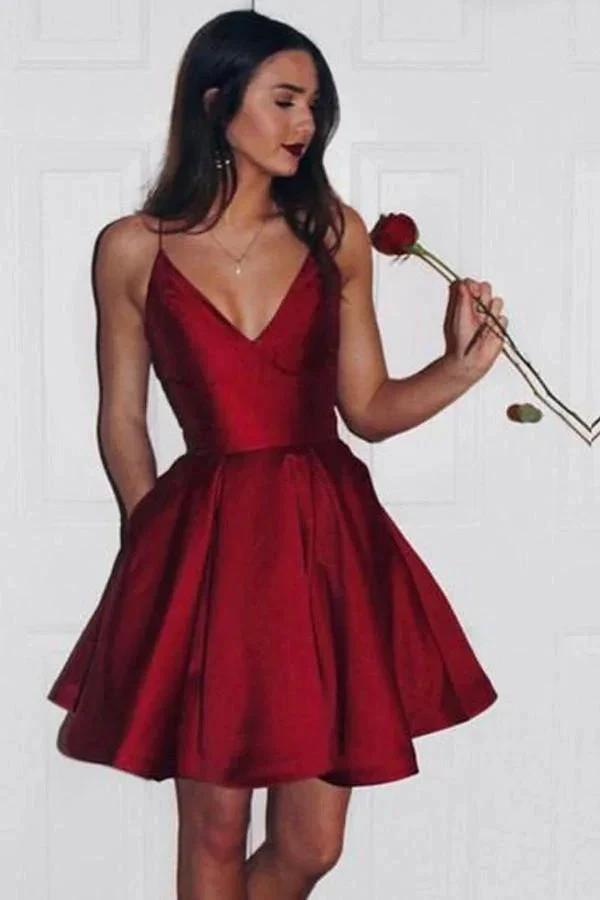 Burgundy Cute Simple Spaghetti Straps Homecoming Dress Party Dress PG125 by pgmdress