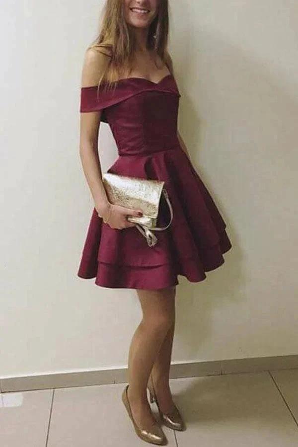 Burgundy Elegant Off the Shoulder Short Graduation Dress Homecoming Dress PD123 by pgmdress