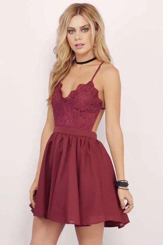 Burgundy Homecoming Dress Spaghetti Straps A-line Lace Short Prom Dress PD356 by pgmdress