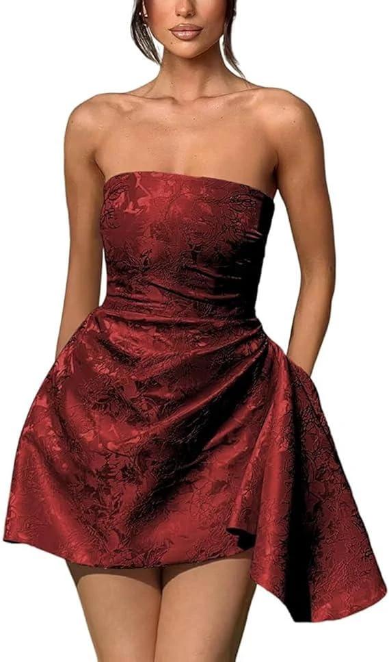 A-line Strapless Sleeveless Short Homecoming Dress Jacquard Satin Asymmetrical Lace up Party Dresses by Biztunnel