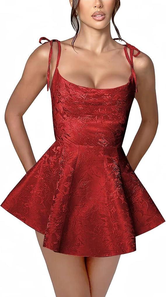 A-line Short Homecoming Dress Spaghetti Straps Satin Sleeveless Party Dress Jacquard Party Dresses by Biztunnel