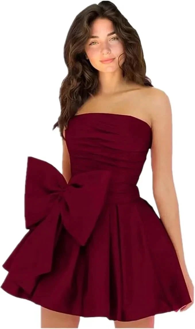 Chic Short Homecoming Dresses A-line Sleeveless Strapless Ruched Lace Up Party Dresses with Bow by Biztunnel