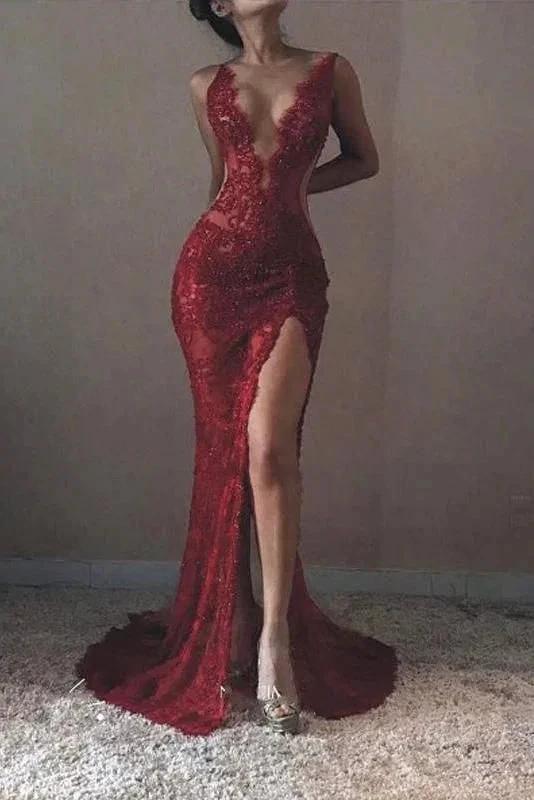 Burgundy Lace V Neck Mermaid Long Backless Prom Dresses by BIZTUNNEL