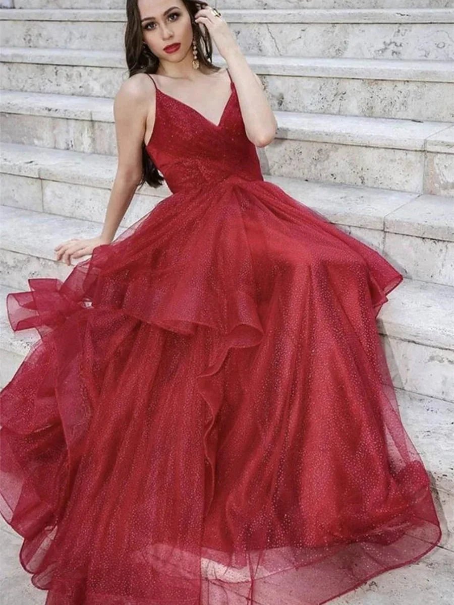 Burgundy Long A-line V-Neck Sparkly Tulle Graduation Prom Dresses by BIZTUNNEL