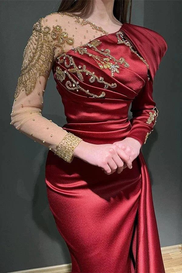 Burgundy Long Mermaid Asymmetrical Ruffles Satin Tulle Prom Dress with Sleeves by BIZTUNNEL