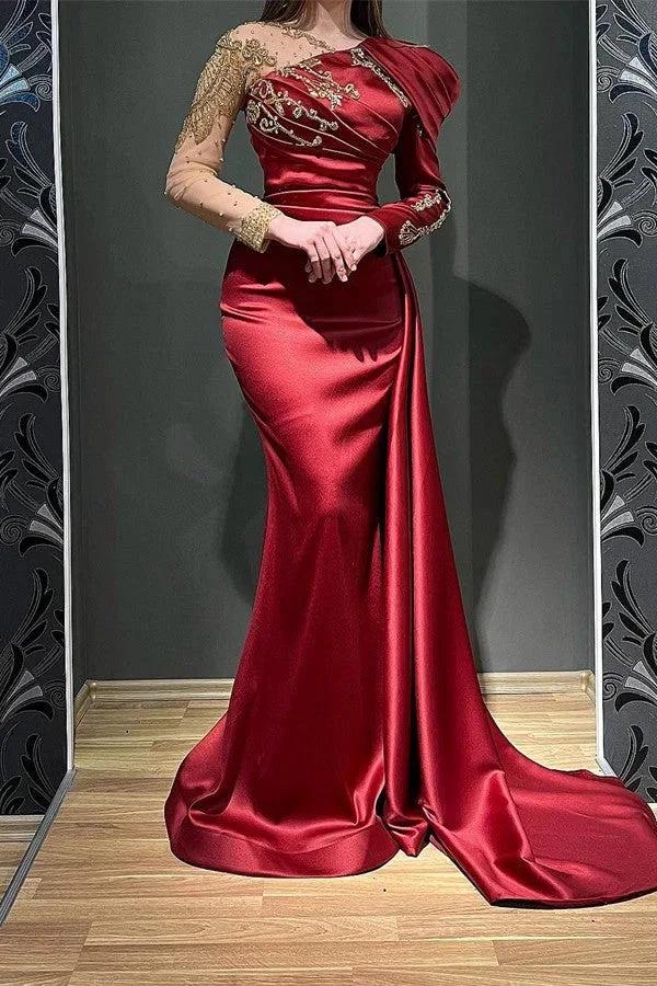 Burgundy Long Mermaid Asymmetrical Ruffles Satin Tulle Prom Dress with Sleeves by BIZTUNNEL