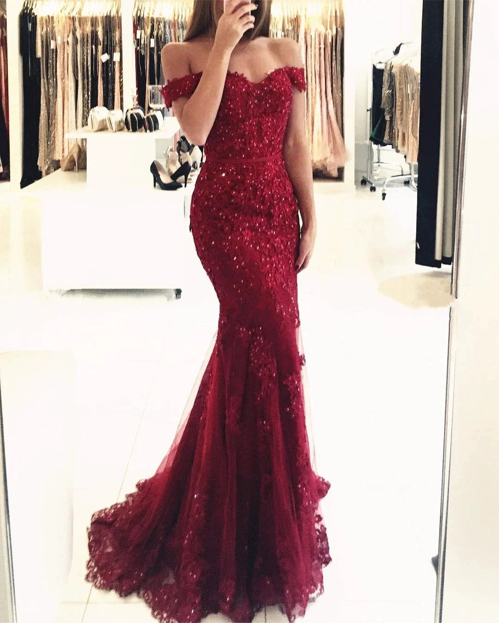 Burgundy Long Mermaid Off the Shoulder Tulle Beaded Lace Prom Dresses by BIZTUNNEL
