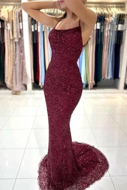 Burgundy Long Mermaid Sequined Backless Formal Prom Dresses by BIZTUNNEL