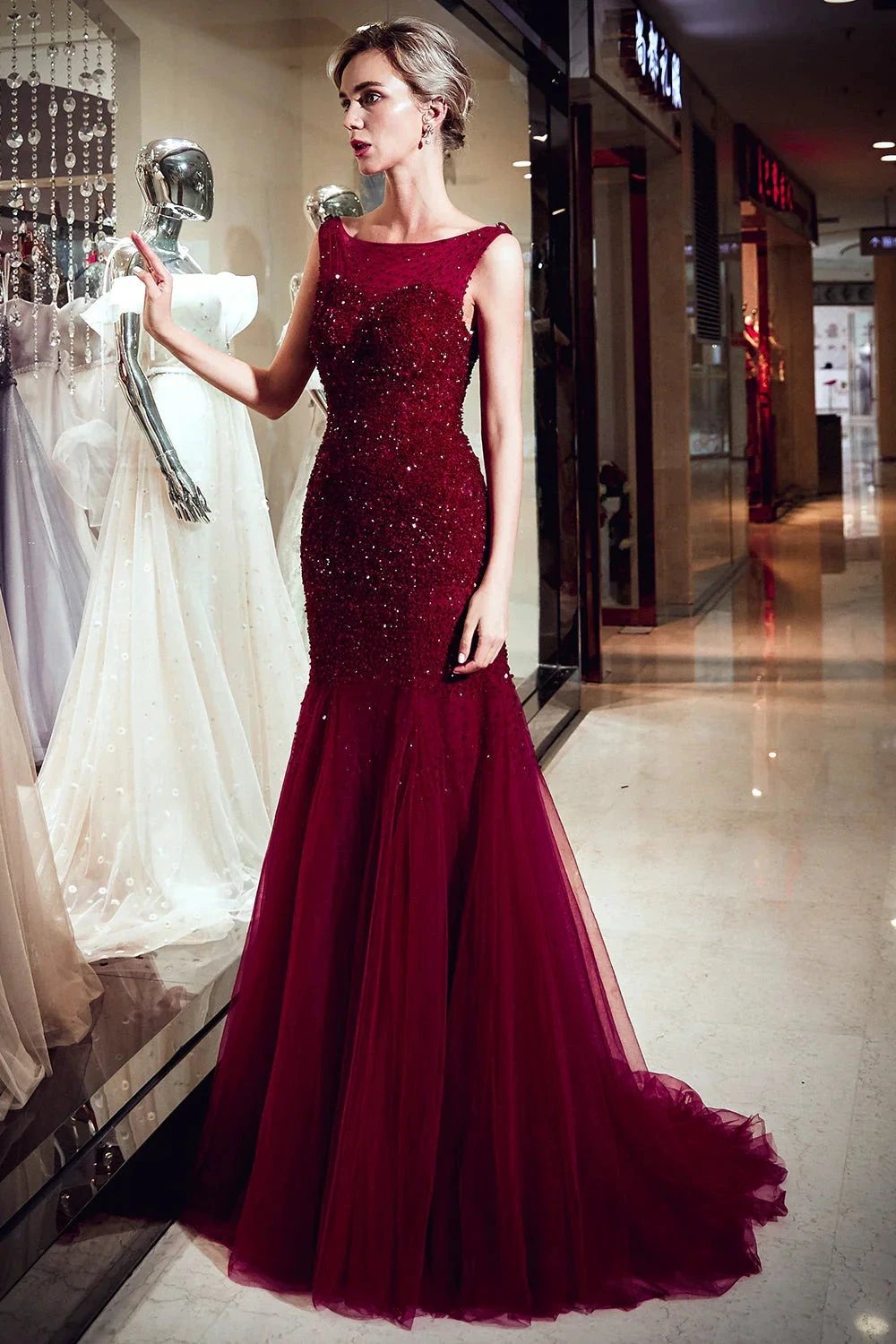 Burgundy Long Mermaid Tulle Sequined Evening Dresses by BIZTUNNEL