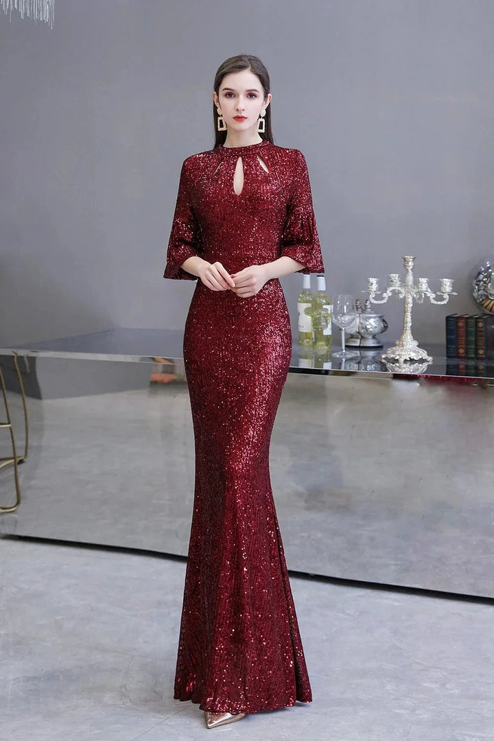 Burgundy Short Sleeve Sequins Long Prom Dress by BIZTUNNEL