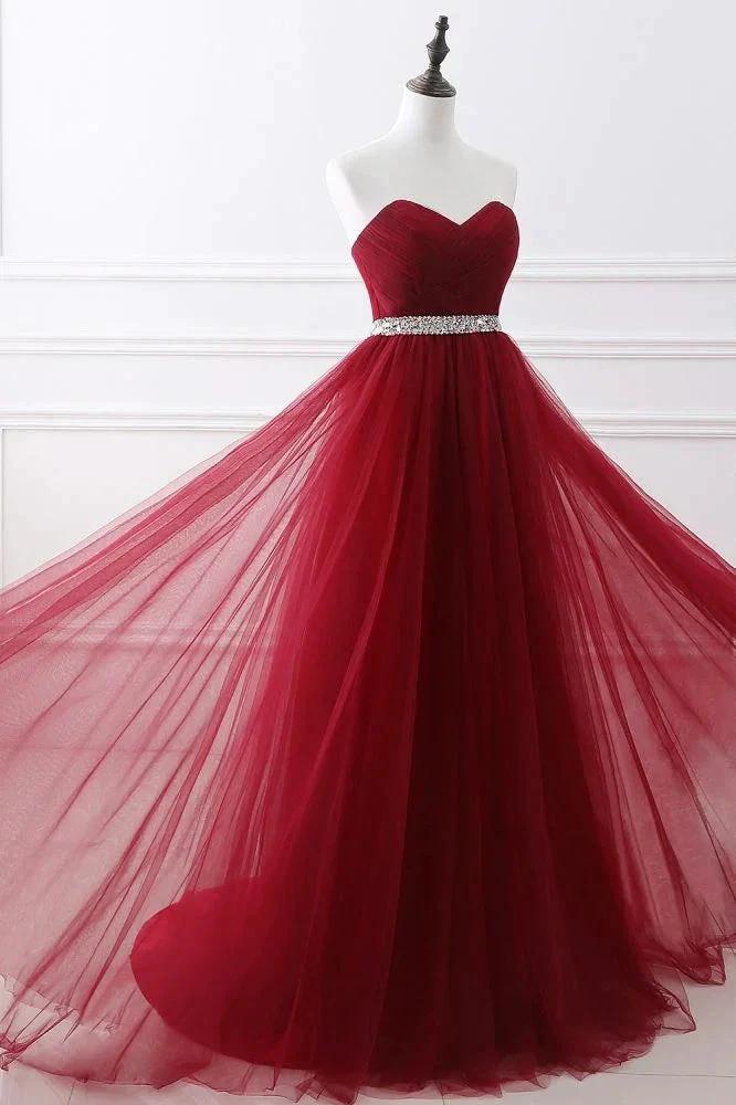 Burgundy Tulle A-line Sweetheart Prom Dress by misshow.com