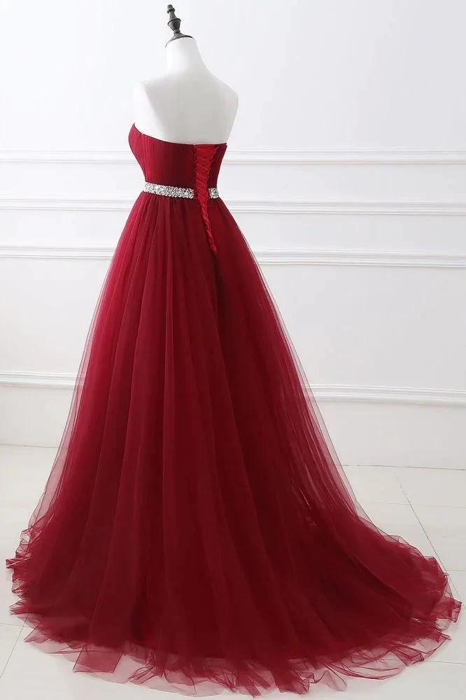 Burgundy Tulle A-line Sweetheart Prom Dress by misshow.com