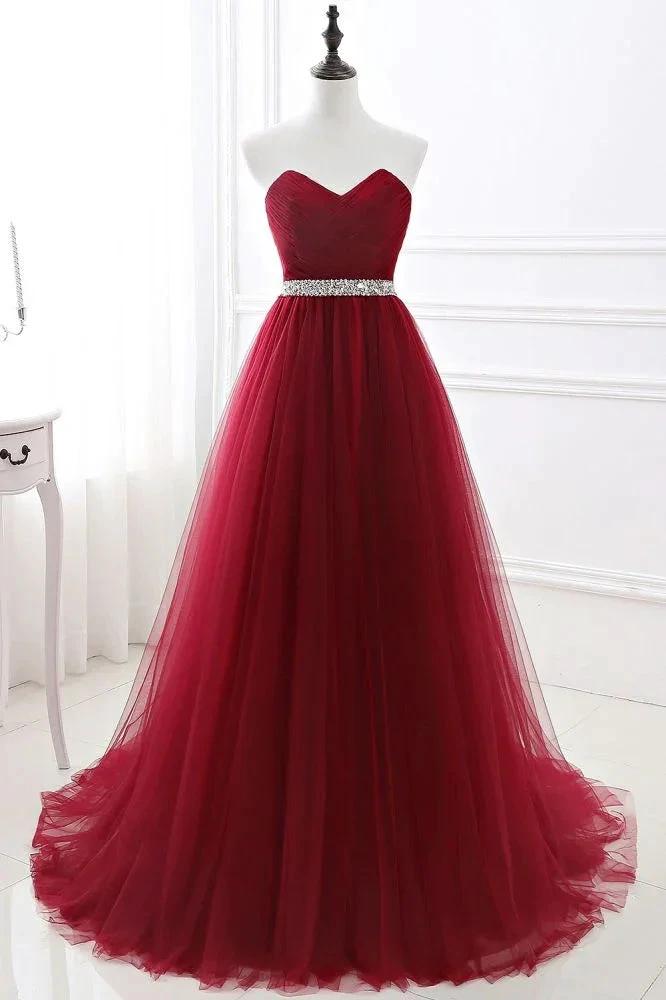 Burgundy Tulle A-line Sweetheart Prom Dress by misshow.com