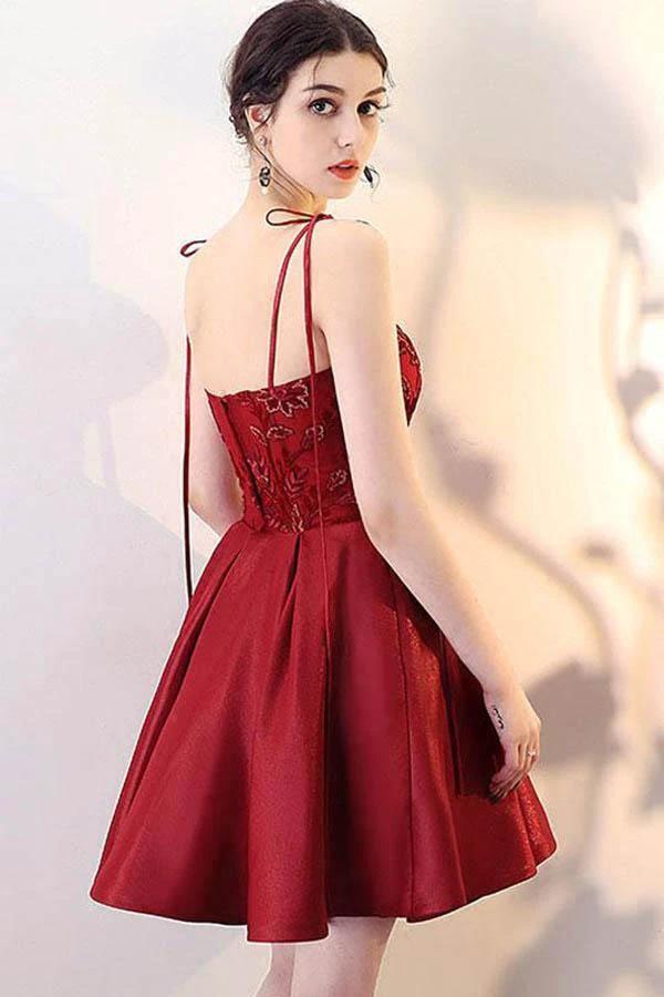 Burgundy V Neck Lace Short Prom Dress Homecoming Dress PD142 by pgmdress