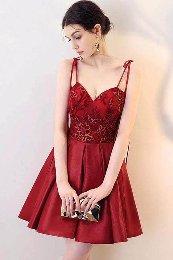 Burgundy V Neck Lace Short Prom Dress Homecoming Dress PD142 by pgmdress