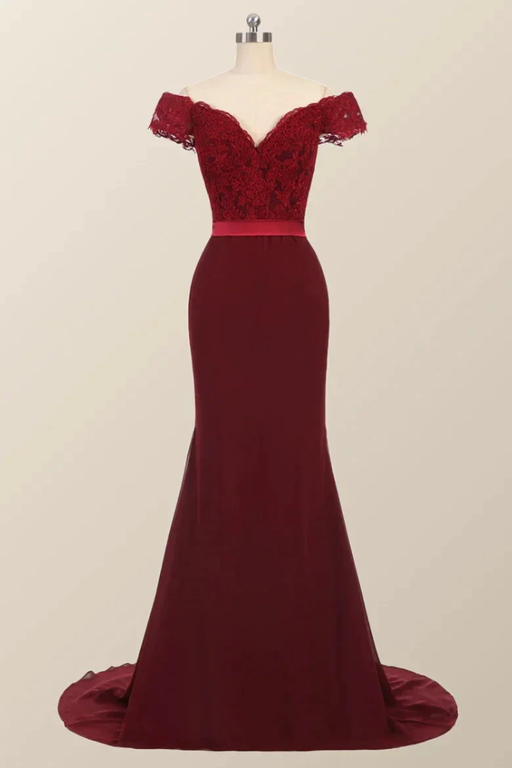 Lace Burgundy Bridesmaid Dress Off-the-Shoulder Mermaid Prom Dresses by MyChicDress