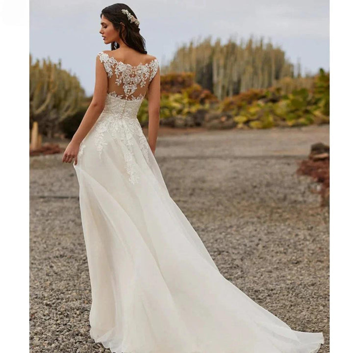Simple A Line Wedding Dresses 2023 Sexy V Neck Sleeveless Lace Appliques Sweep Train For Women Bridal Gowns Buttons Back Robes by payinti