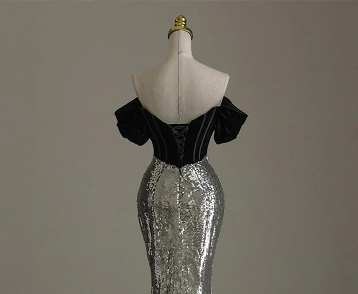 Chic Silver Mermaid Sequins Off the Shoulder Beading Prom Dress Evening Dress Y7613 by simplepromdress
