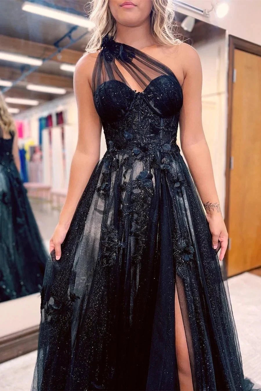 Black Long A-line One Shoulder Tulle Prom Dress with Slit by BIZTUNNEL