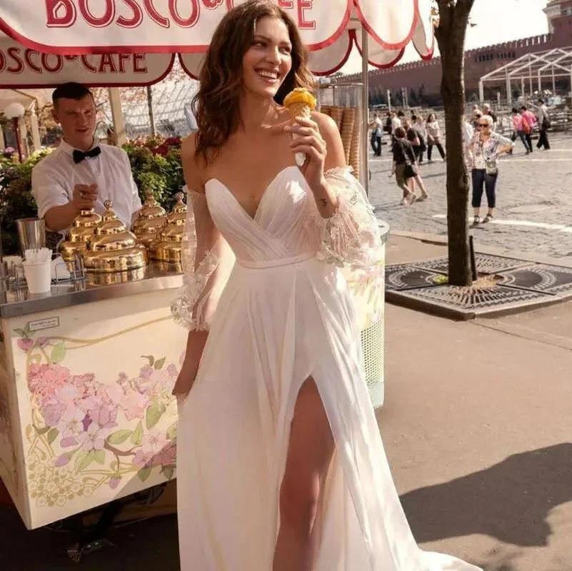 Custom Made Boho Wedding Dress Chiffon Lace Vintaging Gowns Split Side Sexy Beach Bridal Dressee Wedds Cheap Mariage by payinti