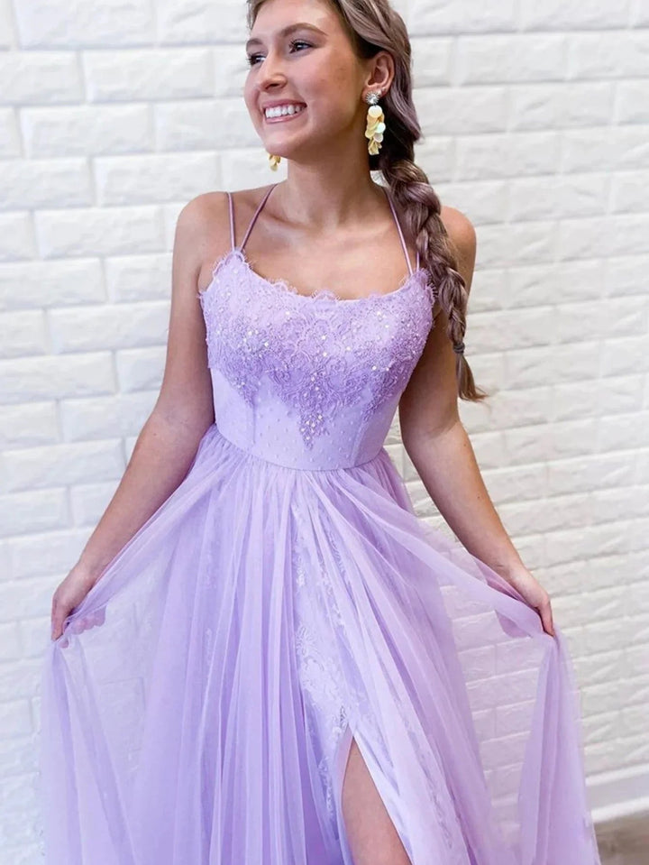 A Line Purple Backless Tulle Long Prom Dress by KissProm