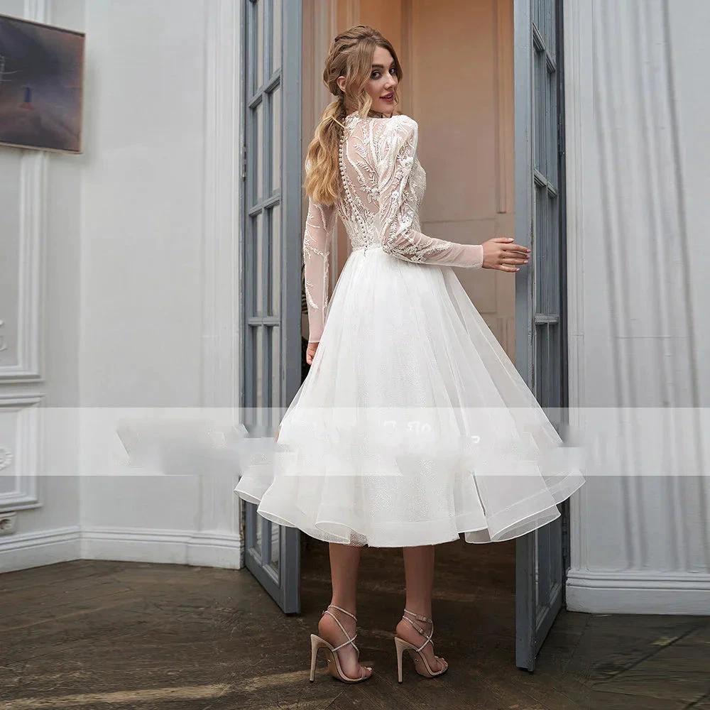 High Collar With Sleeve Luxury Applique Wedding Dress Short Tulle Custom Elegant Tea Length Bride Gown Button Vestidos by payinti