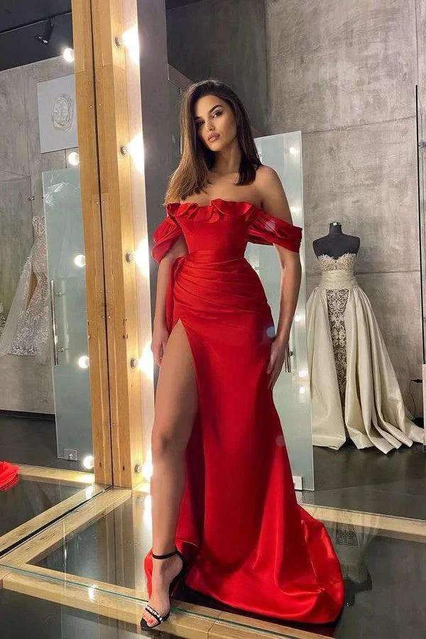 Classic Red Off The Shoulder Ruffles Long Mermaid Prom Dress With Slit by BIZTUNNEL