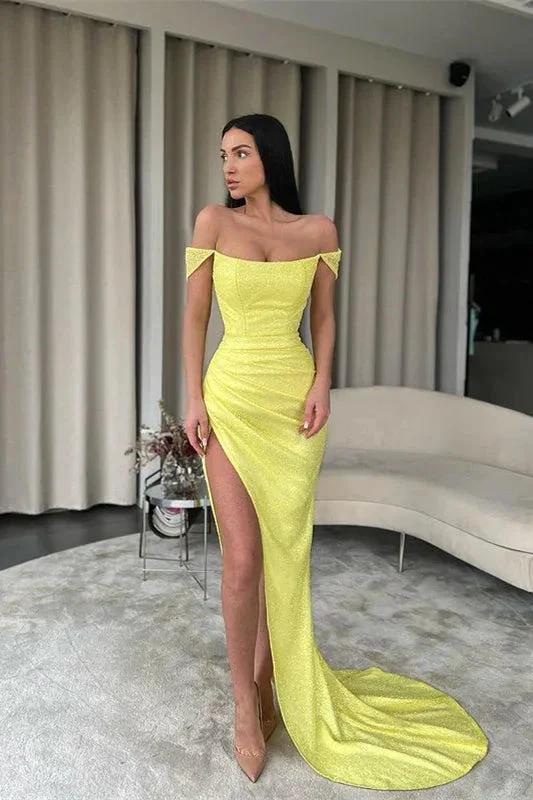 Mermaid Sequined Off-The-Shoulder Long Prom Dress with Split by BIZTUNNEL