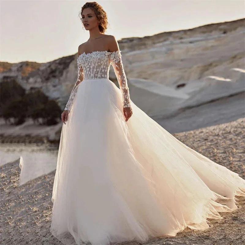 Elegant A-Line Wedding Dress 2023 Women Lace Open Back Strapless Long Detachable Sleeve Bridal Gown Sweep Train Vestido De Noiva by payinti