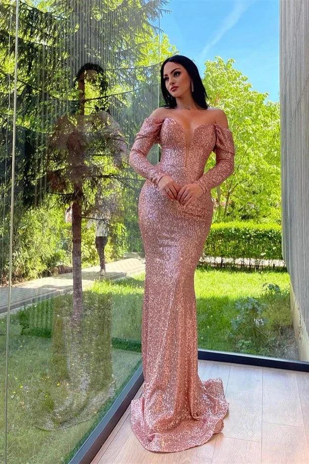 Pink V-Neck Long Sleeves Mermaid Prom Dress with Sequins by BIZTUNNEL