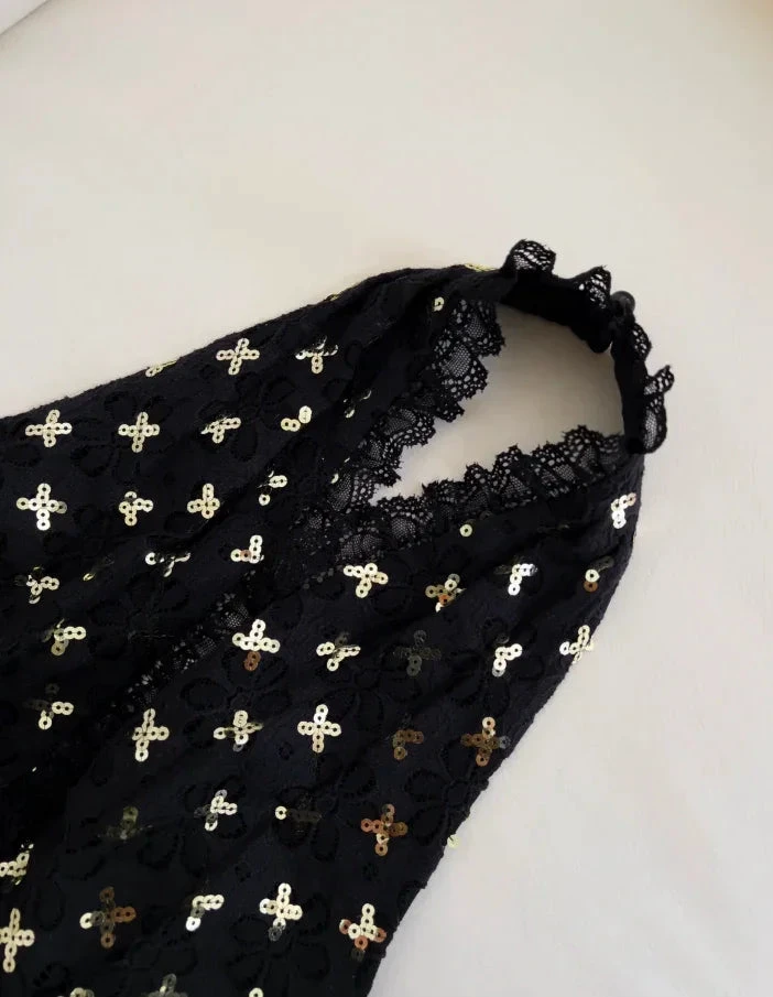 Robe de soirée longue noire élégante à col licou en satin imprimé floral avec sequins, coupe évasée, robe de bal Y8568