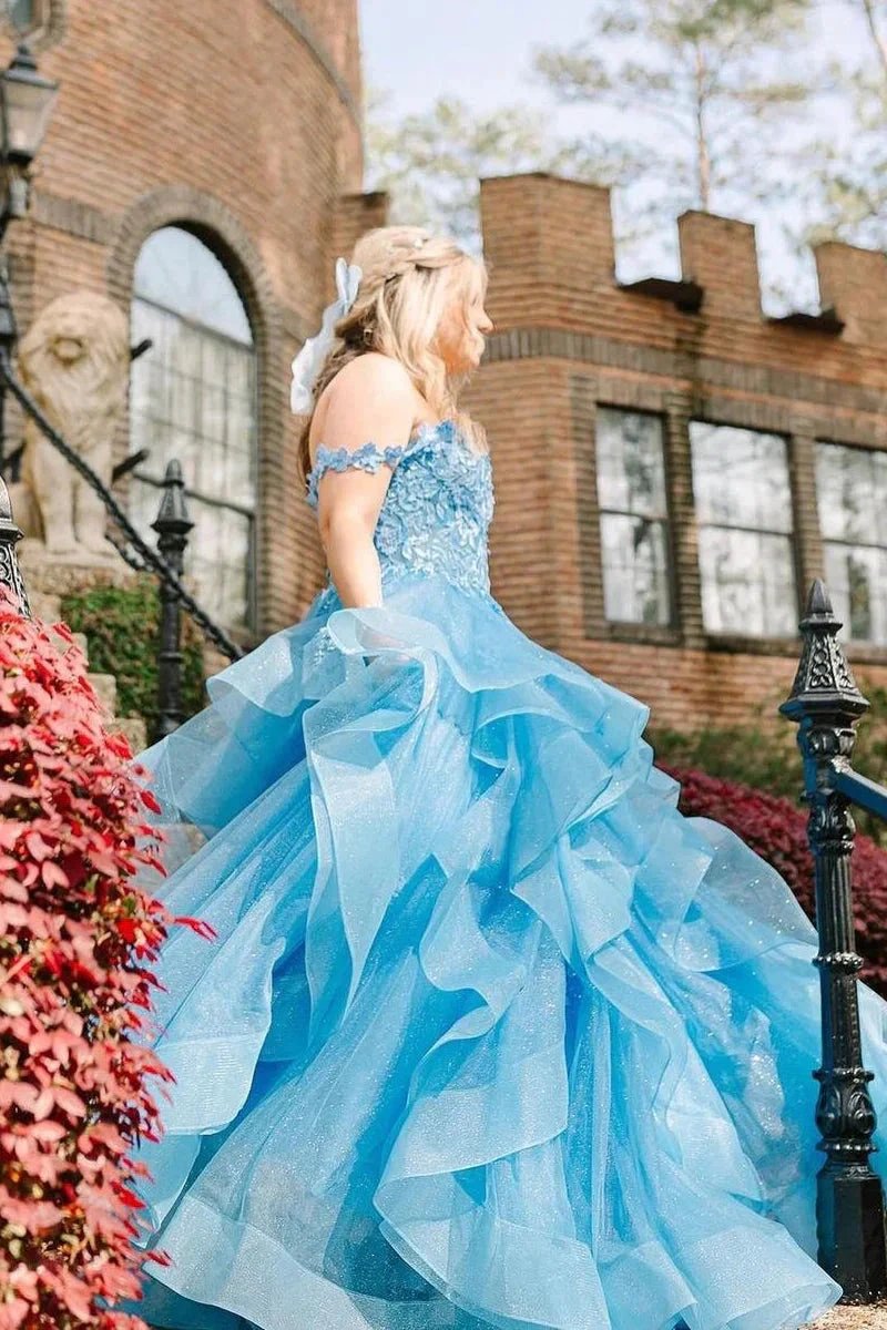 Blue Off the Shoulder Ruffle Tiered Tulle Long Prom Dresses with Appliques by Kissprom