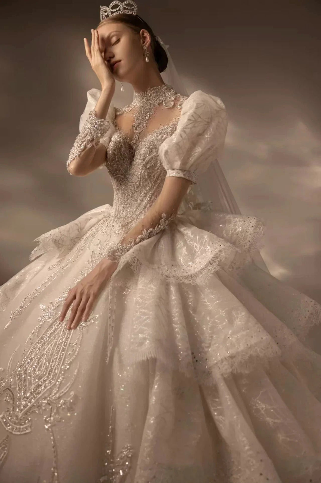 Regal High Neck Puff Sleeve Tulle Wedding Dress with Sequin Embroidery &amp; Layered Ruffle Train Q6020 by ZAPDRESS