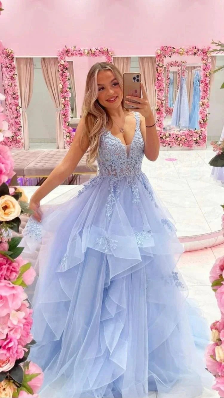 Blue v neck tulle lace long prom dress blue evening dress Y686 by simplepromdress