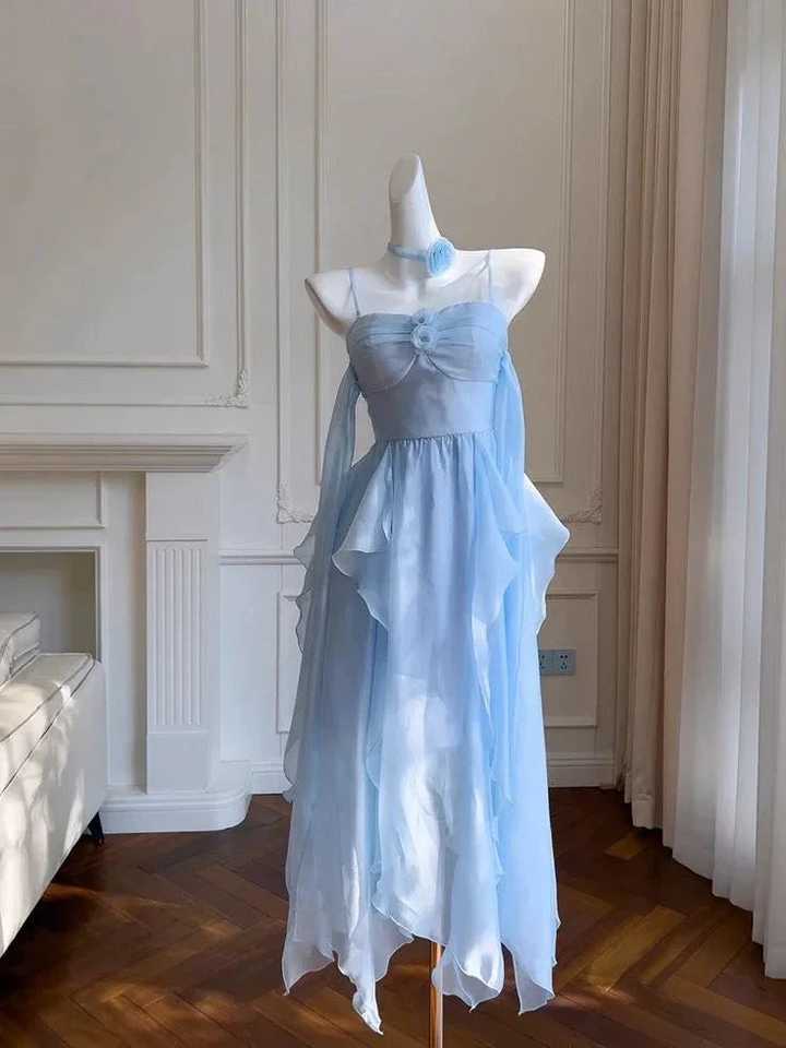 Elegant Spaghetti Straps Blue Chiffon Homecoming Dress Birthday Dress Y7573 by simplepromdress