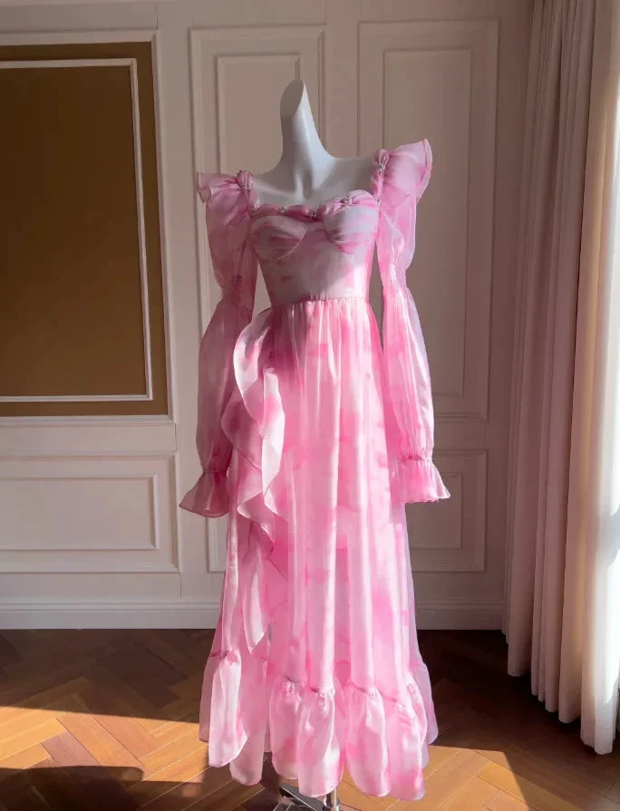 Vestido de Festa Comprido em Linha A com Estampa de Chiffon Rosa Bonito Y8569