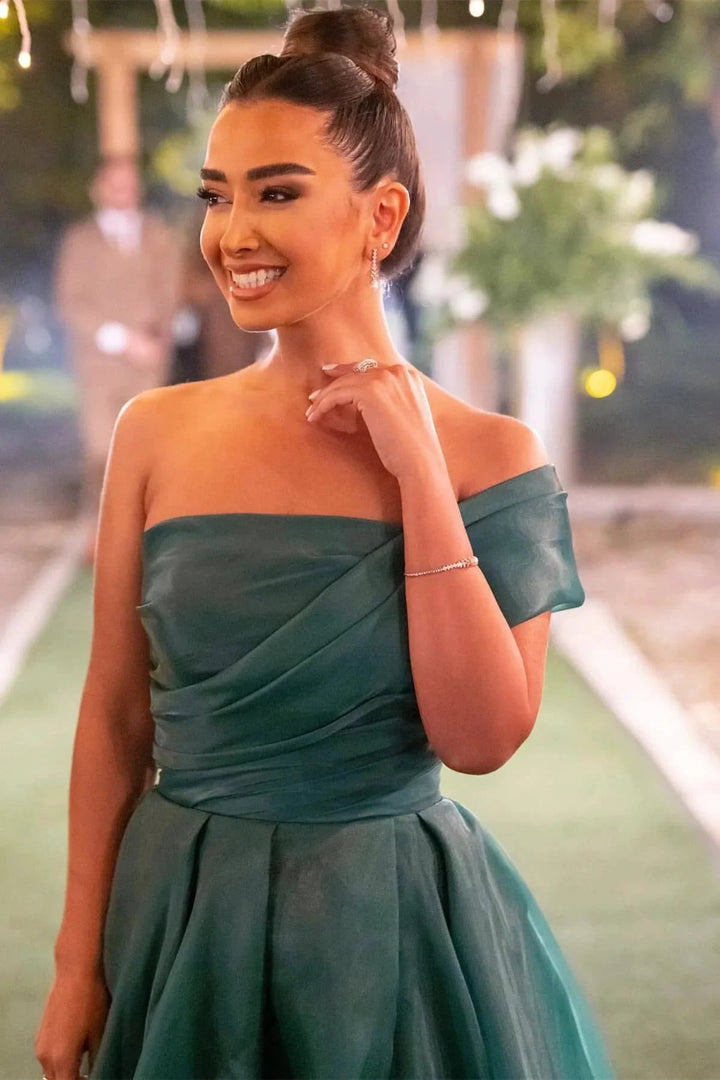 Long A line Strapless One Shoulder Bowknot Prom Dress With Front Split by BIZTUNNEL