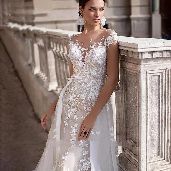 Mermaid Wedding Dresses Women Cap Sleeves Backless Lace Appliques Bridal Gown Detachable Train Vestidos De Novia by payinti