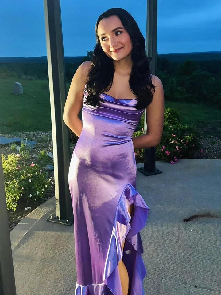 Calivia | Lavender Mermaid Straps Cowl Neck Satin Long Prom Dress by KissProm