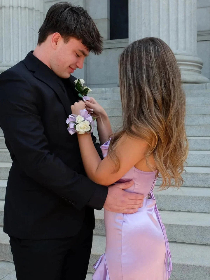Calivia | Lavender Mermaid Straps Cowl Neck Satin Long Prom Dress by KissProm