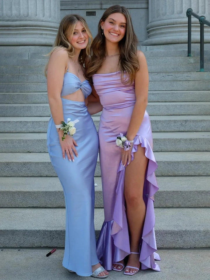 Calivia | Lavender Mermaid Straps Cowl Neck Satin Long Prom Dress by KissProm