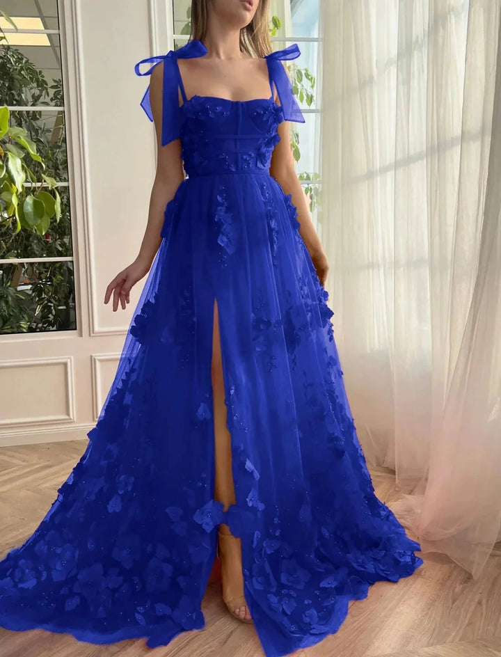 Cameron | Scarlet Lace A-line 3D Flower Long Prom Dress With Slit by KissProm
