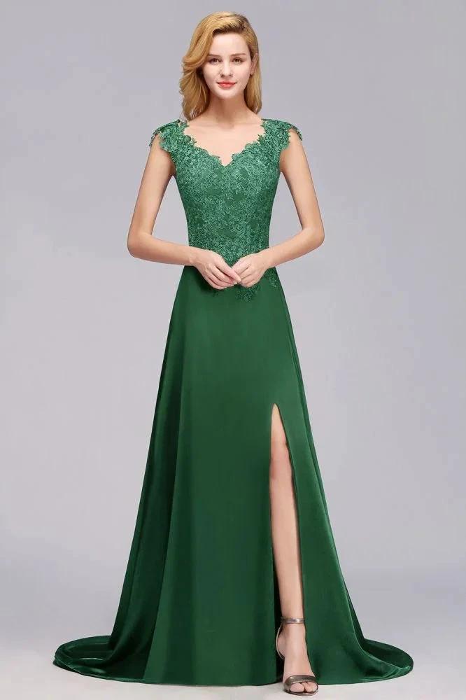 Cap Sleeve aline appliques Bridesmaid Dress Green Side Split Wedding Party Dress with Sweep Train by misshow.com