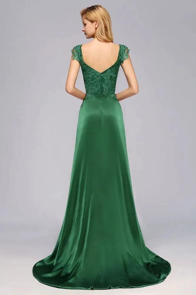 Cap Sleeve aline appliques Bridesmaid Dress Green Side Split Wedding Party Dress with Sweep Train by misshow.com